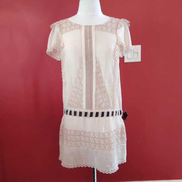 BCBG Maxazria Runway Tan Beige Lace Semi Sheer Drop Waist Mini Dress Size Small - Picture 1 of 14